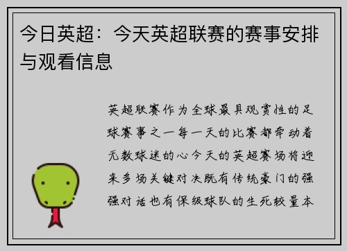 今日英超：今天英超联赛的赛事安排与观看信息